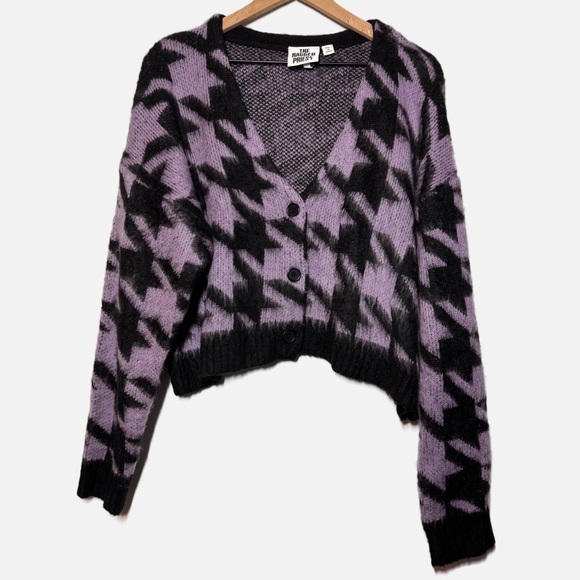 The Ragged Priest purple black houndstooth V neck button cardigan oversized S - Picture 2 of 13